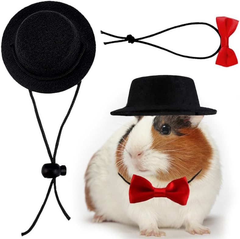 hokable 2pcs Guinea Pig Clothes Small Animal Bow Tie Pet Hat Costume Set Role Play Cute Pet Hat Bow Tie for Hamster Guinea Pig Rabbit Chinchilla Hedgehog（Black hat + red Bow tie） - Image 1